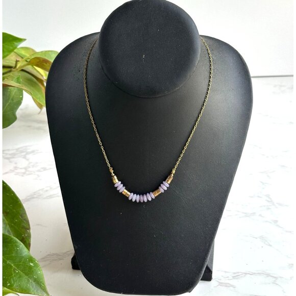 Purple Glass Disc Bead Choker Necklace With Brass Accents 14" Handmade Jewelry - Picture 1 of 8